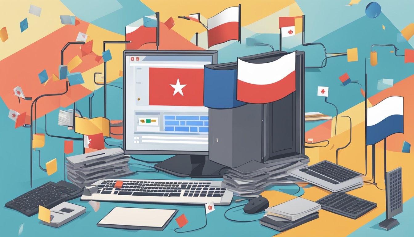 A computer surrounded by question marks, with a Singaporean flag in the background