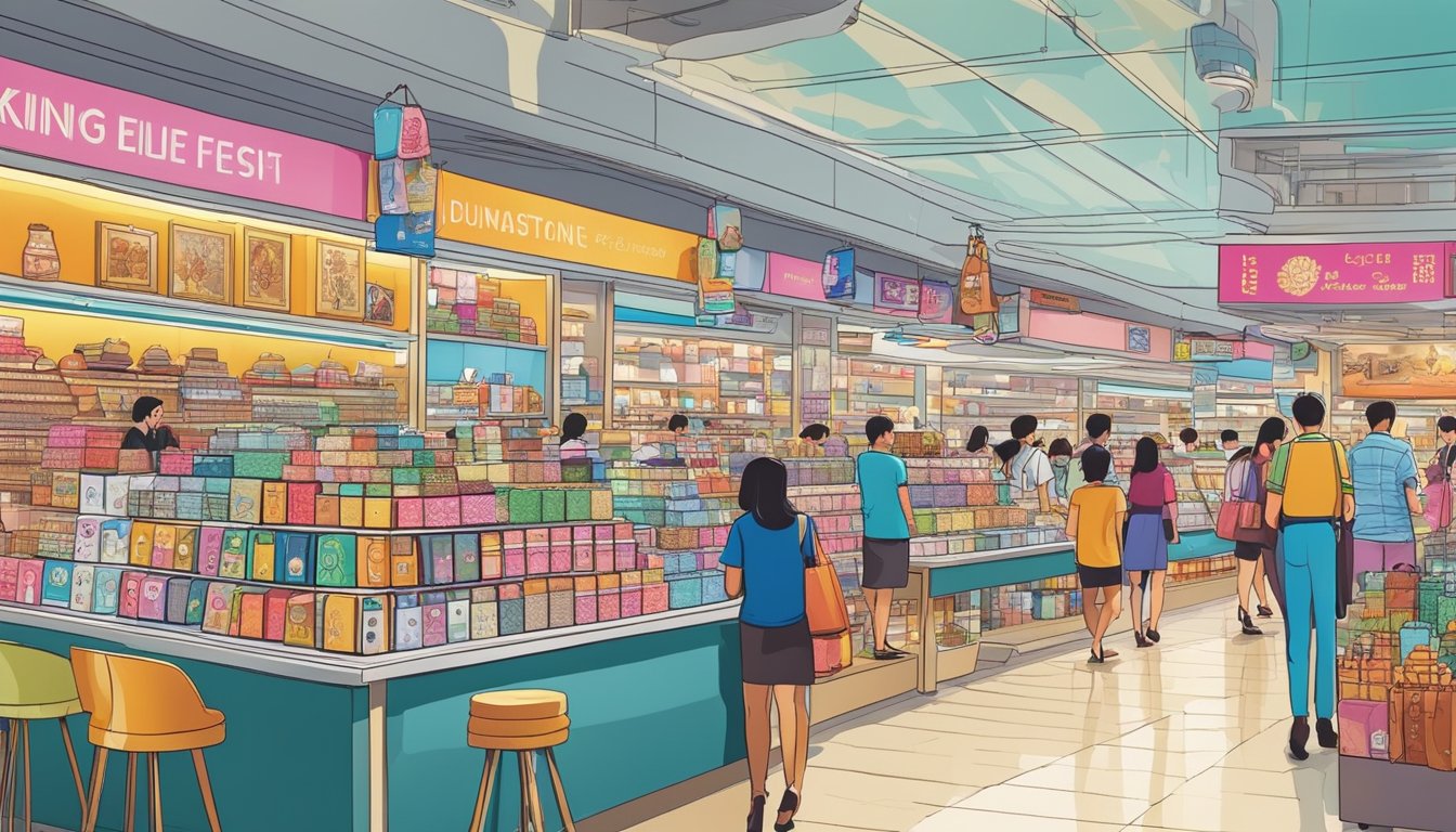 A bustling duty-free shop in Singapore, filled with colorful souvenirs and gifts, from traditional trinkets to luxury goods, beckoning tourists to take home a piece of the vibrant city