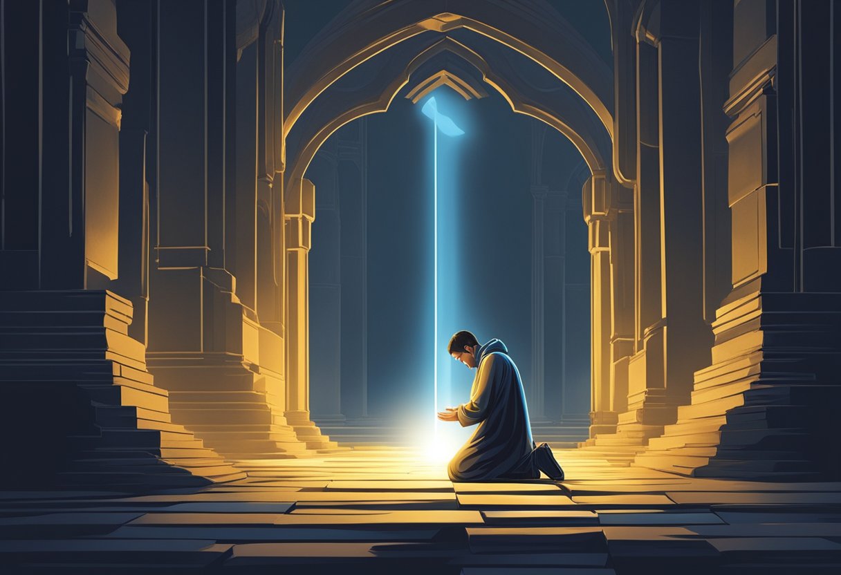 A figure kneels in prayer, surrounded by towering obstacles. Light breaks through the darkness, symbolizing hope and breakthrough