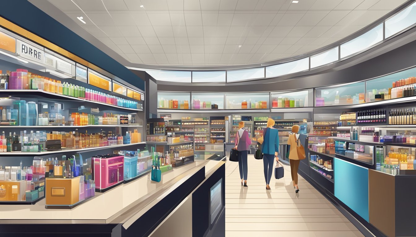A bustling airport duty-free shop with a wide array of luxury items on display, including electronics, cosmetics, and alcohol