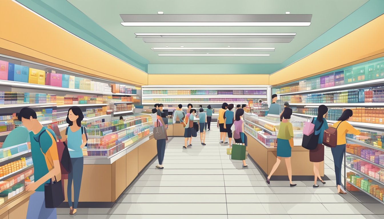 A bustling duty-free shop in Singapore, with shelves stacked high with various products and a long line of customers at the checkout counter