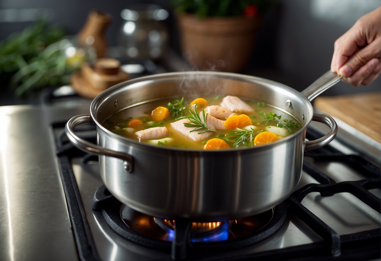 A pot simmers on a stove with fish, herbs, and vegetables. A chef adds broth and stirs the mixture. Steam rises as the soup cooks
