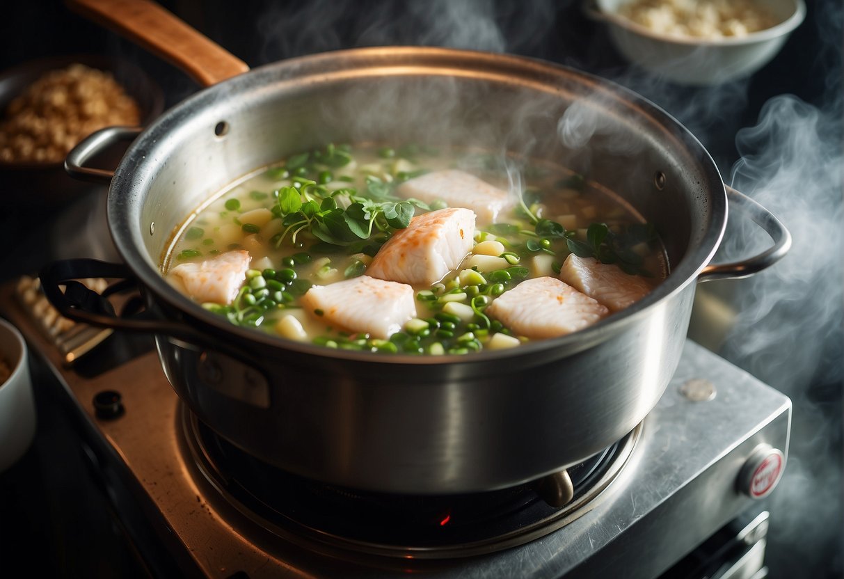 A steaming pot of Chinese herbal fish soup bubbles on a stove, surrounded by various flavor enhancers like ginger, garlic, and scallions