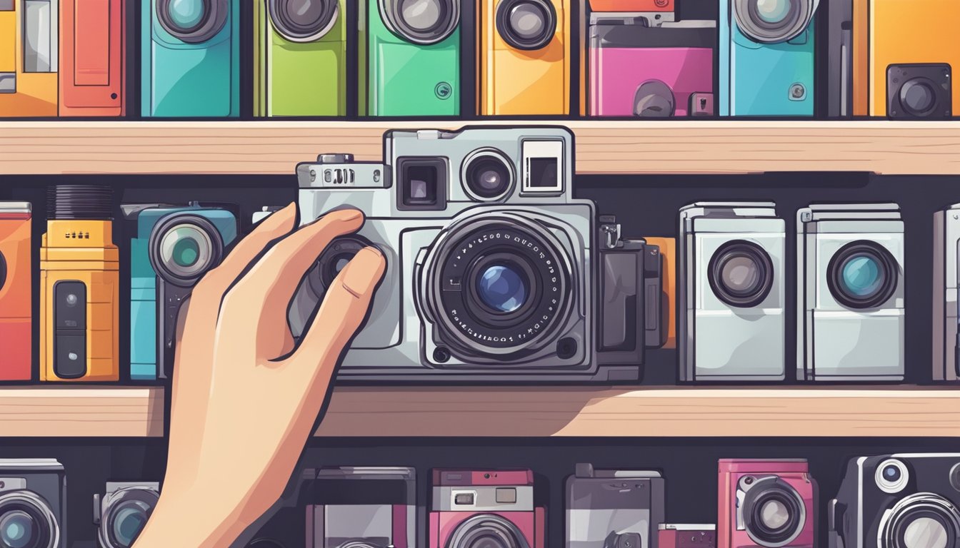 A hand reaches for a shelf lined with colorful disposable cameras. The camera aisle is well-lit, with various options on display