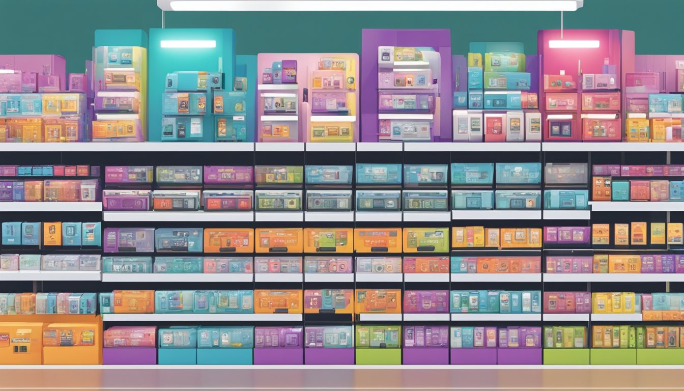 A display of disposable cameras at a brightly lit store in Singapore, with various brands and prices visible on the shelves