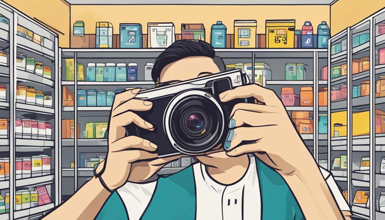 A hand reaches for a disposable camera on a store shelf in Singapore. A sign above reads "Frequently Asked Questions" in bold letters