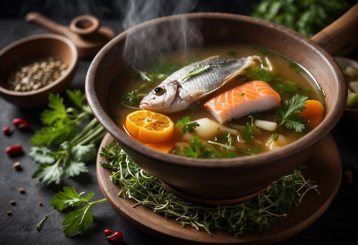 A steaming pot of Chinese herbal fish soup surrounded by assorted fresh herbs and spices, with a bowl and ladle nearby