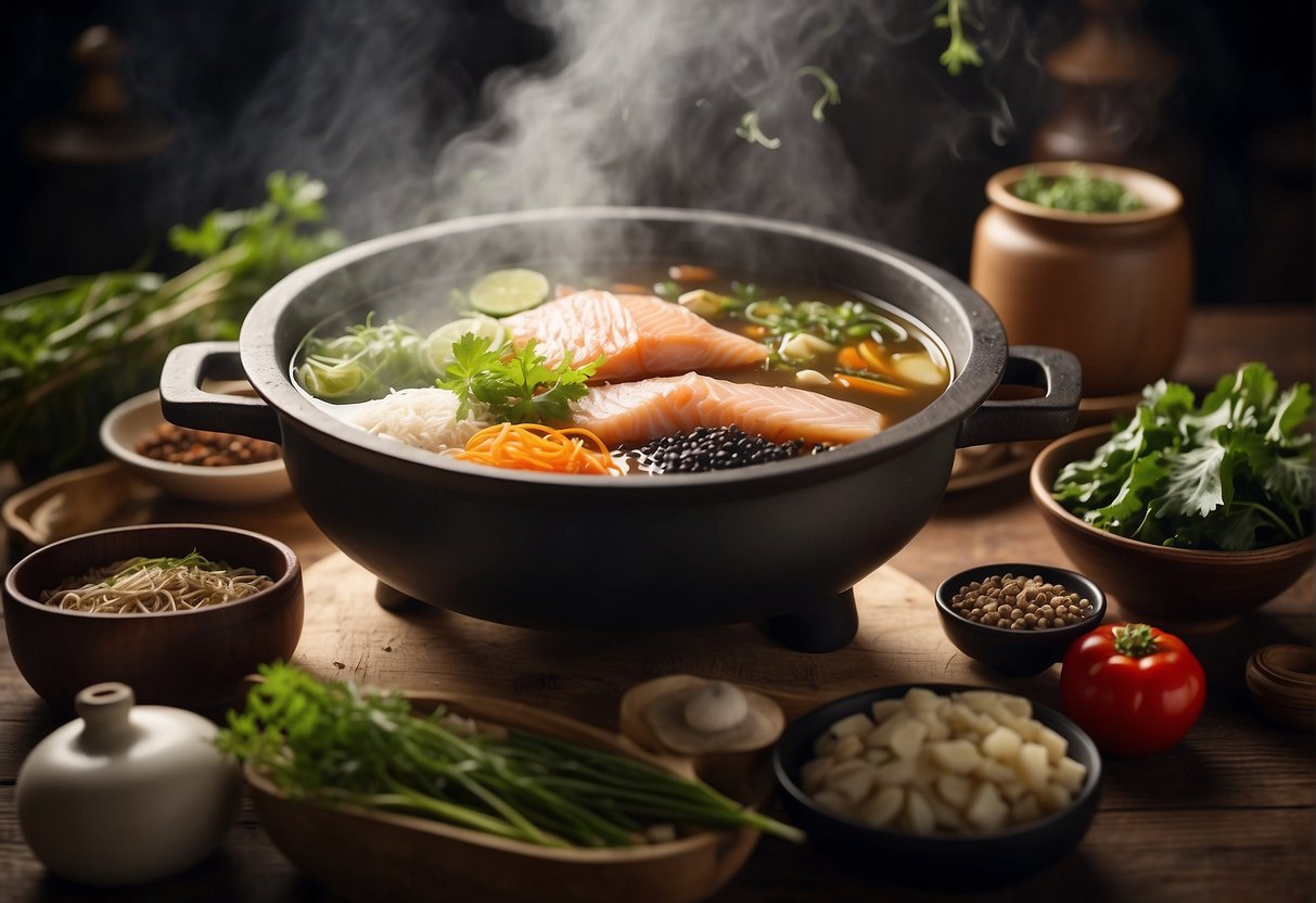 A steaming pot of Chinese herbal fish soup surrounded by various ingredients and cooking utensils