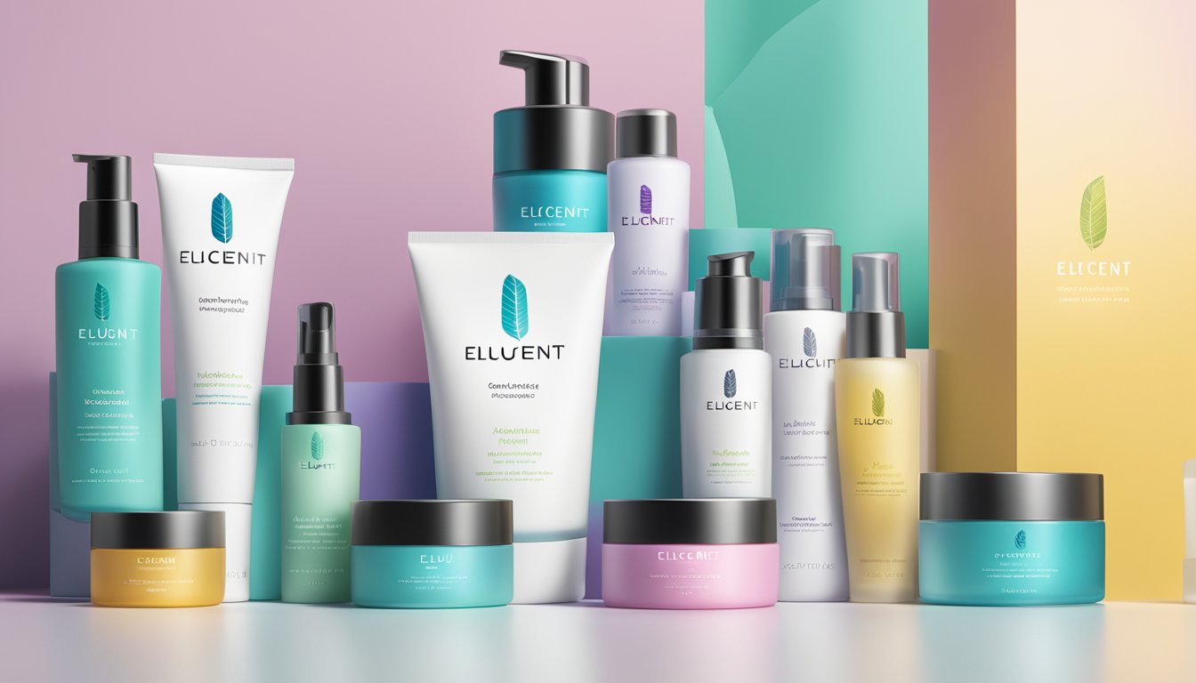 A bright, colorful display of Elucent's skincare products arranged in a clean and modern setting, with the brand's logo prominently featured