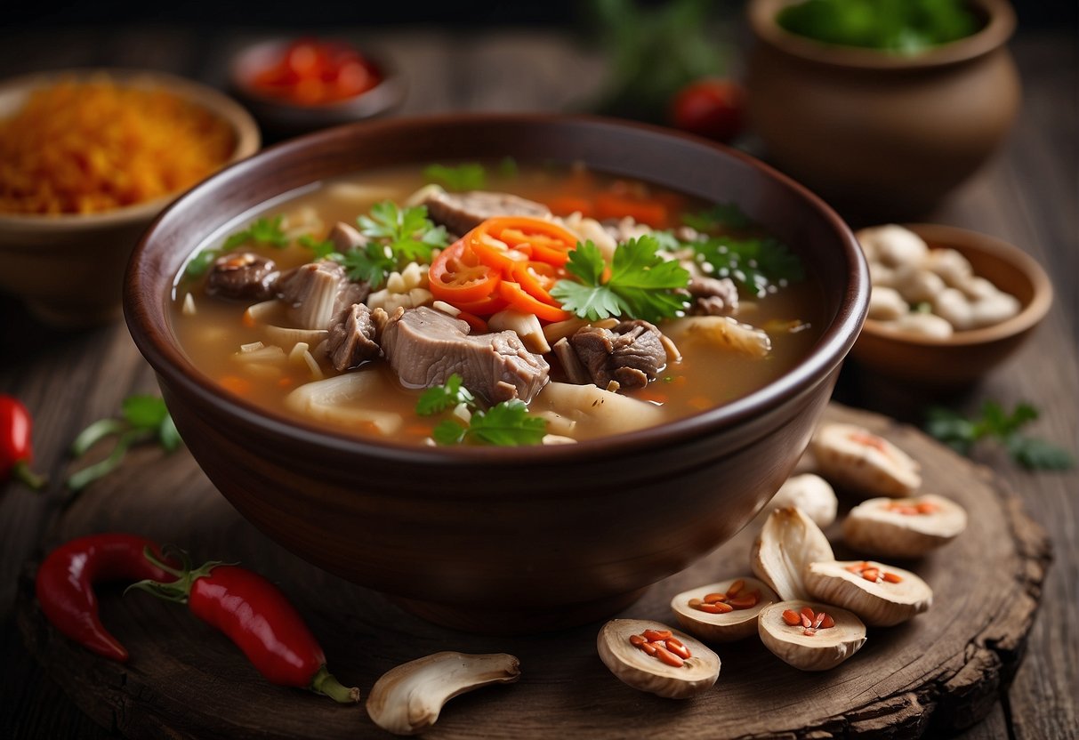 A steaming bowl of Chinese herbal mutton soup sits on a rustic wooden table, surrounded by fresh ingredients like goji berries, ginger, and shiitake mushrooms