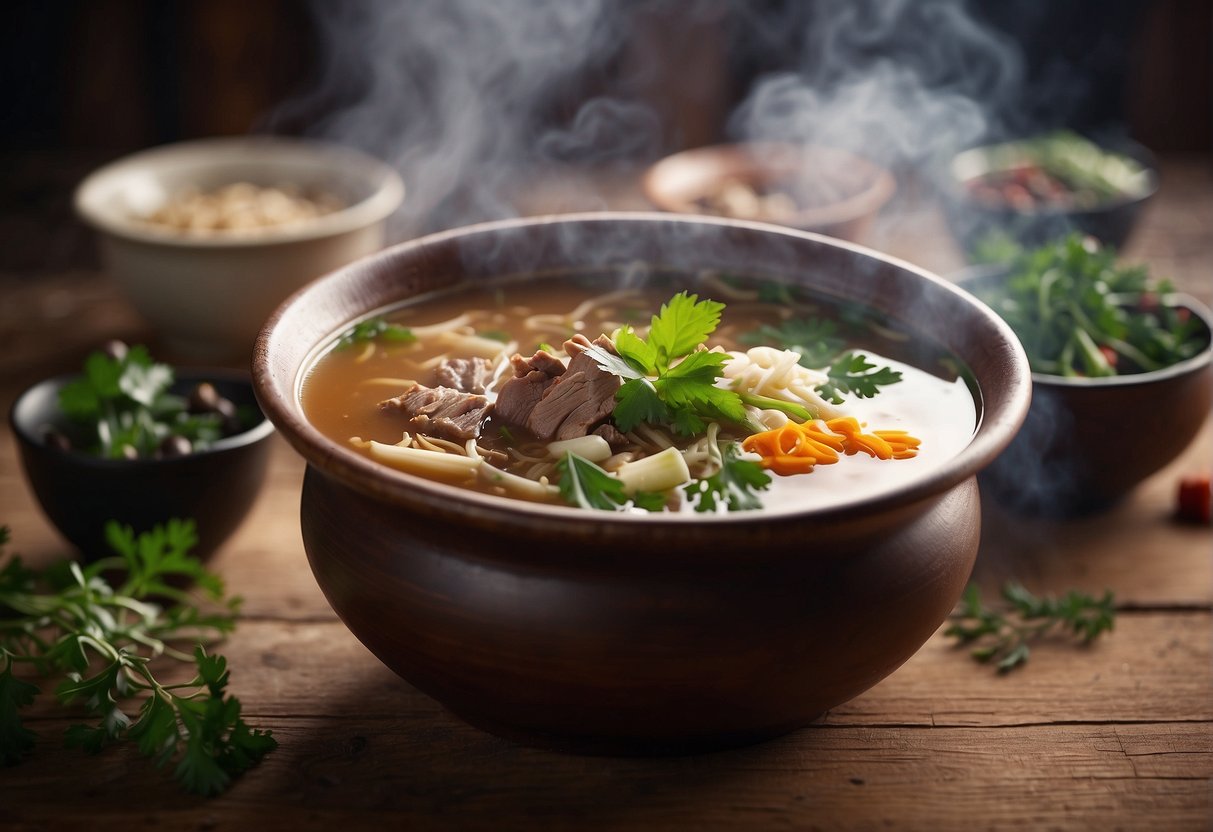 A steaming pot of Chinese herbal mutton soup sits on a rustic wooden table, surrounded by traditional Chinese herbs and spices. The rich aroma fills the air, evoking the cultural significance of this ancient recipe