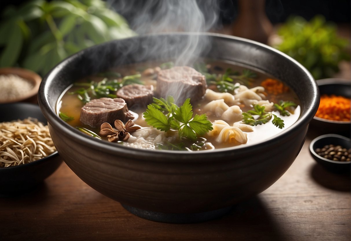A steaming pot of Chinese herbal mutton soup surrounded by various herbs, spices, and ingredients. A bowl of sliced mutton and a list of potential substitutions are displayed next to the soup
