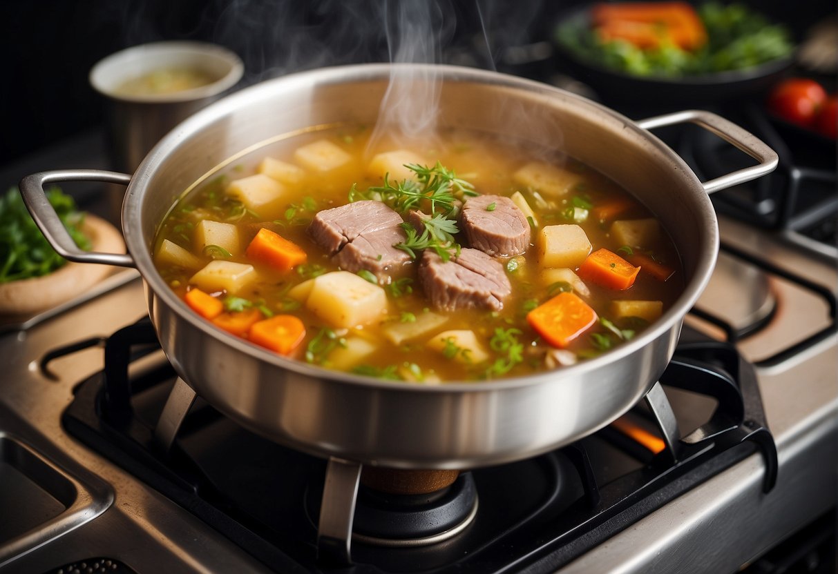 A pot simmers on a stove. Ingredients like mutton, Chinese herbs, and spices are added. Steam rises as the soup cooks