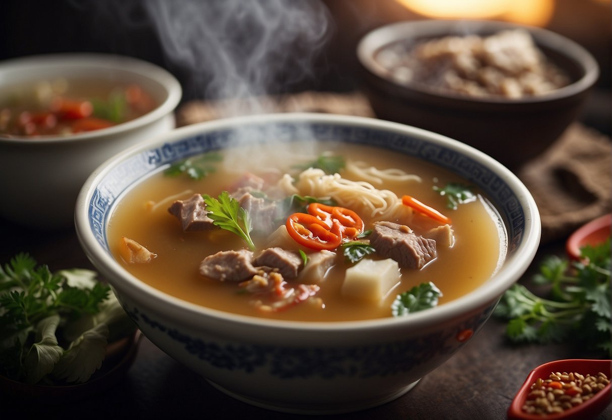 A steaming pot of Chinese herbal mutton soup with various ingredients like goji berries, ginseng, and mutton chunks simmering in a rich broth