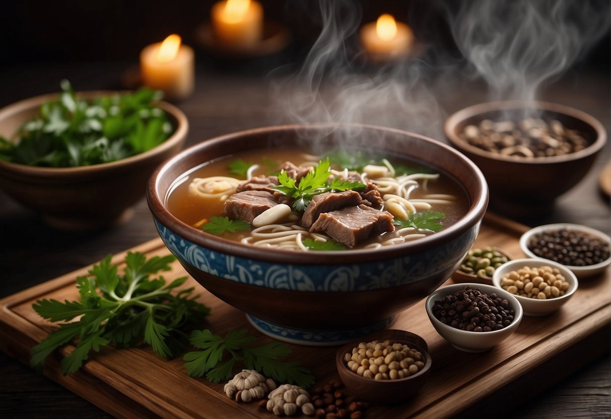 A steaming bowl of Chinese herbal mutton soup sits on a wooden table, surrounded by small dishes of aromatic spices and herbs