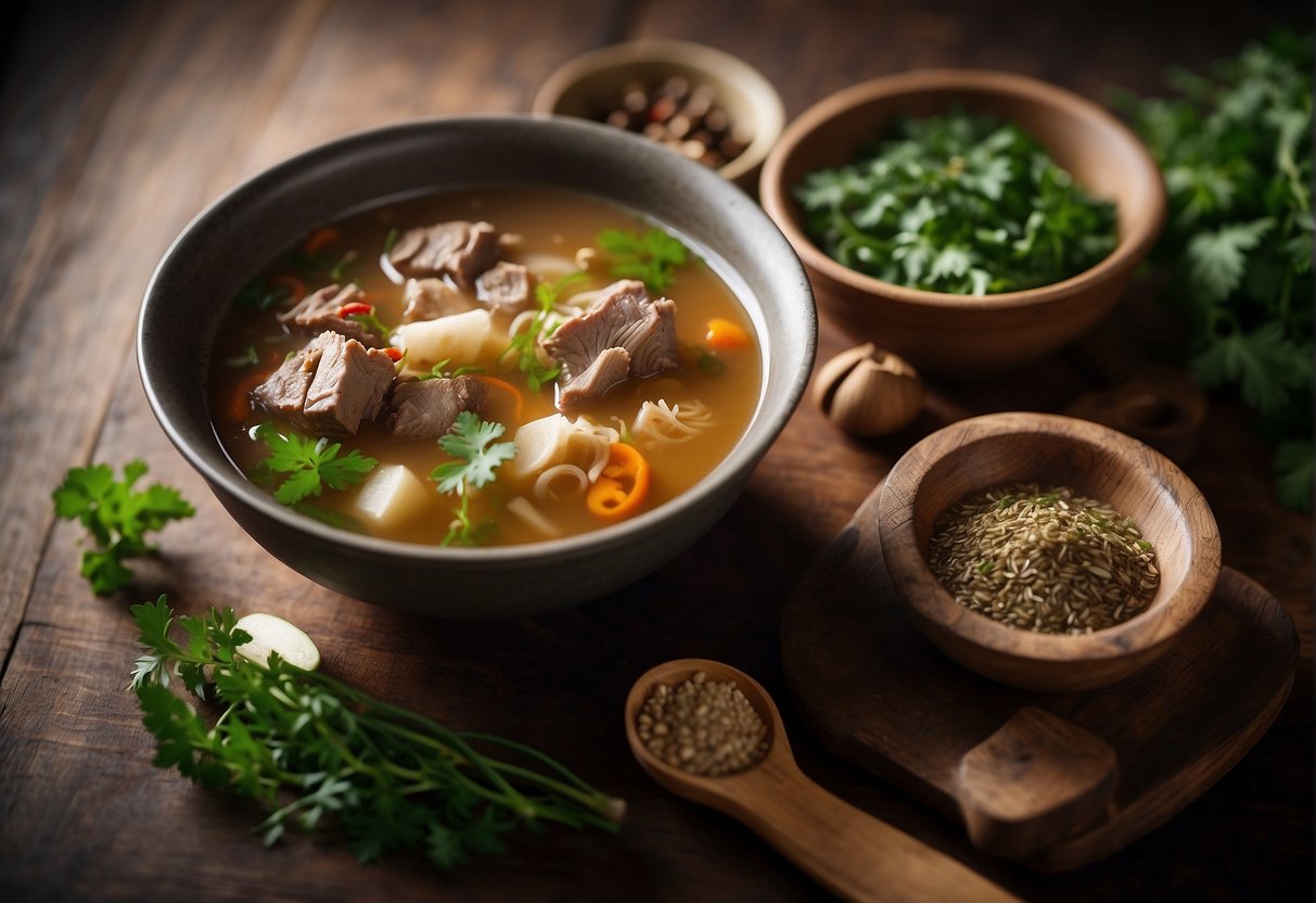 A steaming pot of chinese herbal mutton soup surrounded by various herbs and spices, with a ladle resting on the side
