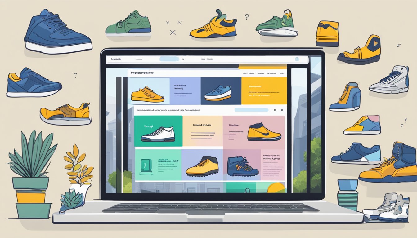 A laptop displaying the Everbest Shoes website with a "Frequently Asked Questions" page open, surrounded by various shoe designs and a shopping cart icon