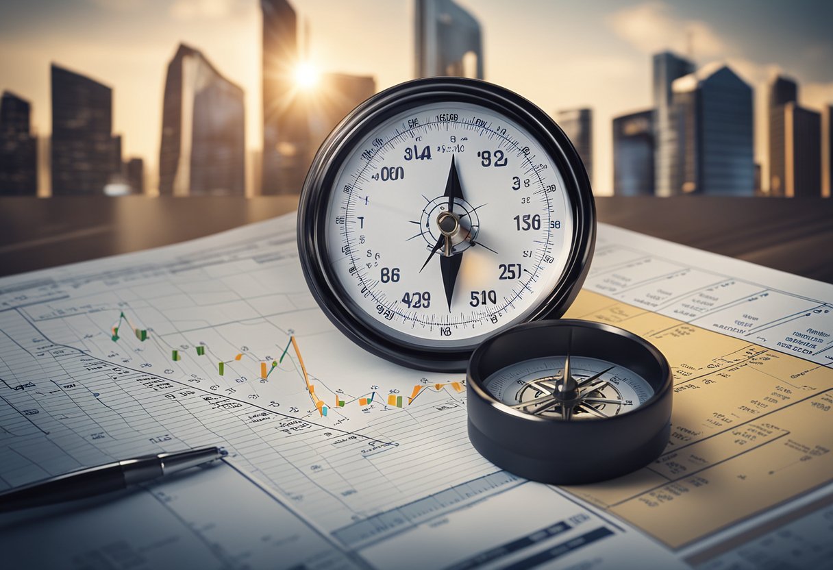 A diverse group of financial assets fluctuate in value, representing market volatility. Charts and graphs display the ups and downs, while a compass symbolizes the need for strategic navigation