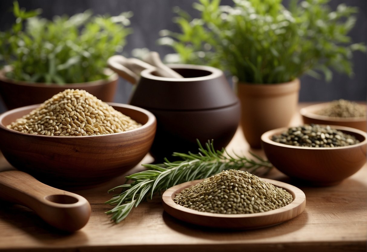 Various herbs arranged on a wooden table, with labels indicating their benefits. A mortar and pestle nearby for grinding. Traditional Chinese recipe books in the background