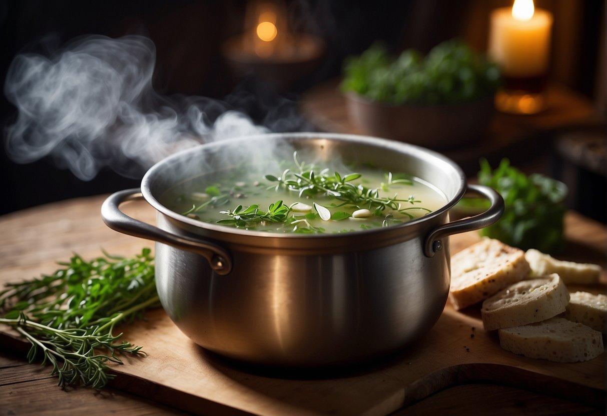 A steaming pot of herbal soup sits on a wooden table, surrounded by fresh herbs and spices. The aroma of the healing broth fills the air, promising health and wellness