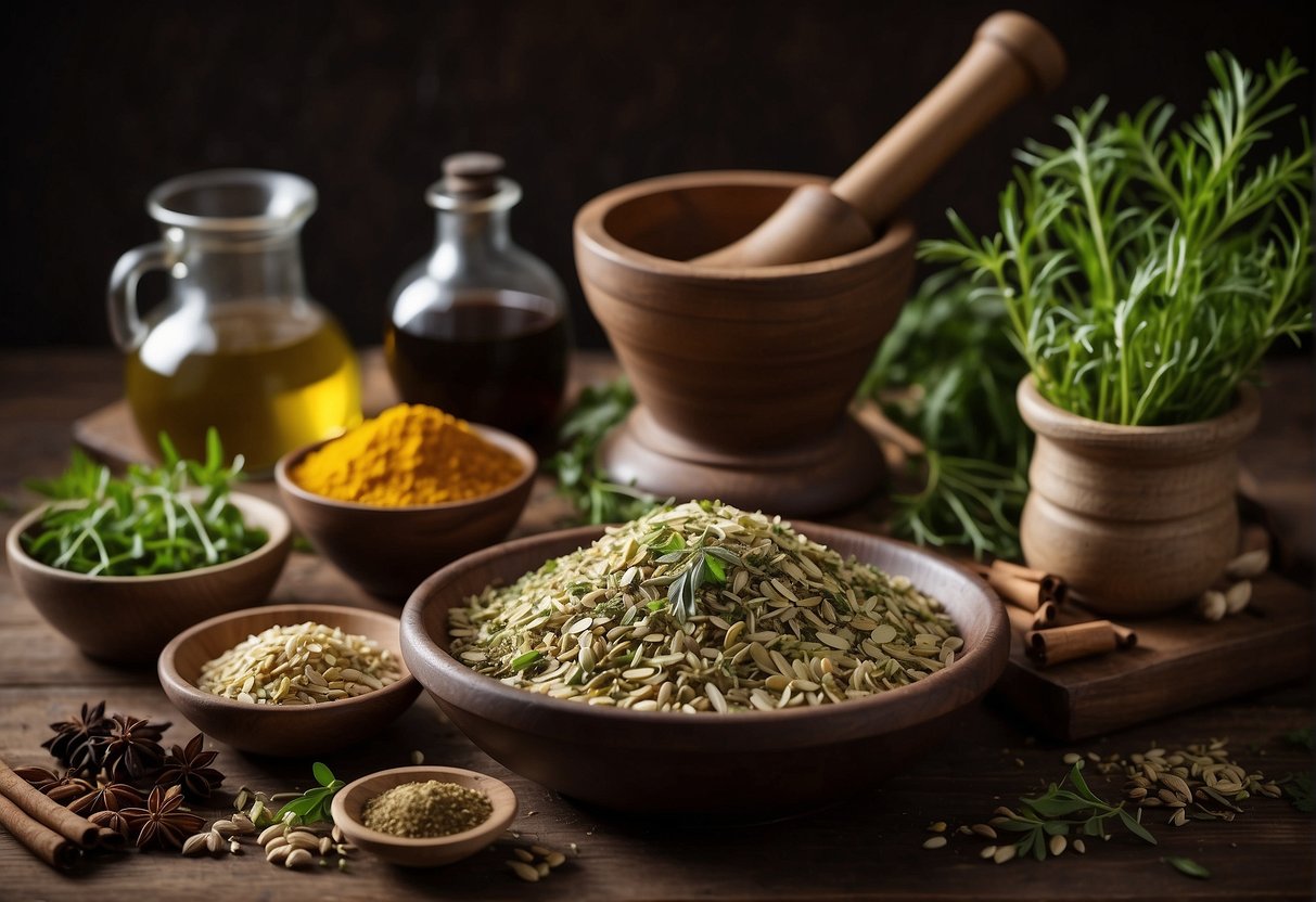 A table filled with various fresh herbs, roots, and spices. A mortar and pestle sit nearby, ready to be used for grinding the ingredients. An open recipe book lays next to the ingredients, showcasing traditional Chinese herbal soup recipes