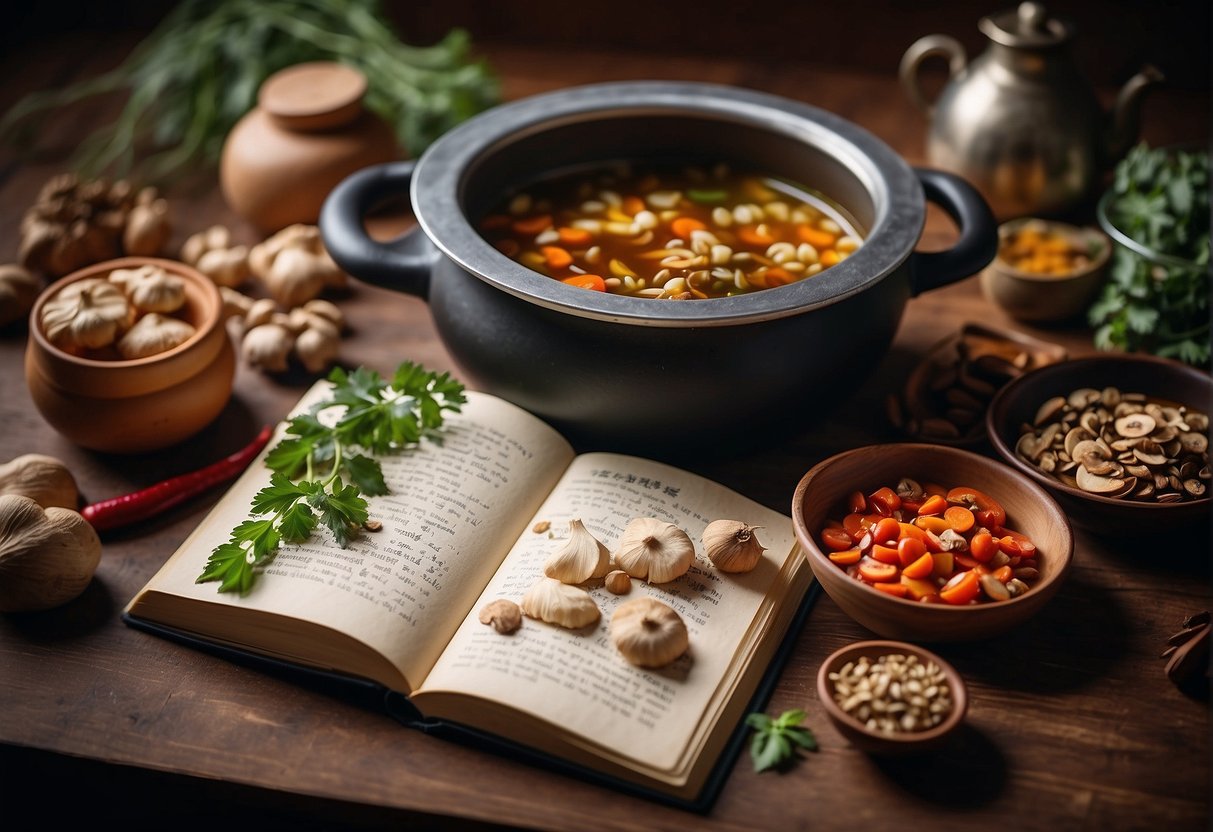 A pot simmering with Chinese herbs, surrounded by ingredients like ginger, goji berries, and dried mushrooms. A recipe book open to a page titled "Herbal Soup for Cough."