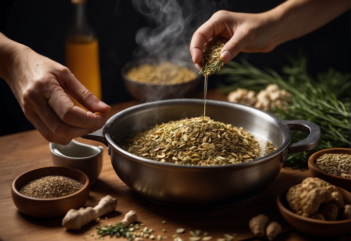 A hand reaches for dried herbs and ginger, while a pot bubbles on the stove. Ingredients for Chinese herbal cough relief soup are laid out on a wooden table