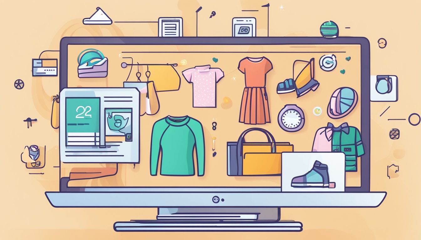 A computer screen displaying a webpage with the title "Frequently Asked Questions: Buy Fashion Accessories Online." Various fashion items and a shopping cart icon are visible on the screen