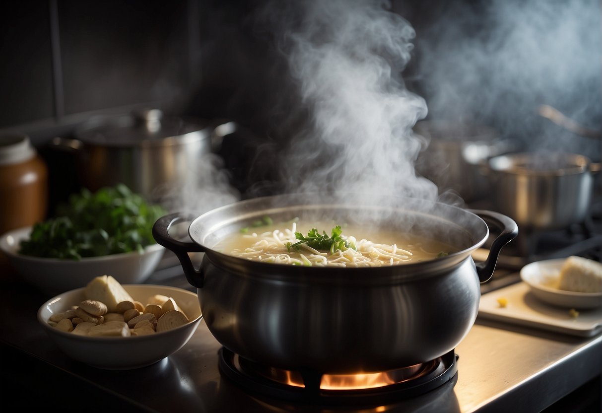 A pot simmers on a stove filled with Chinese herbs and ingredients for cough relief. Steam rises as the soup is prepared with traditional techniques