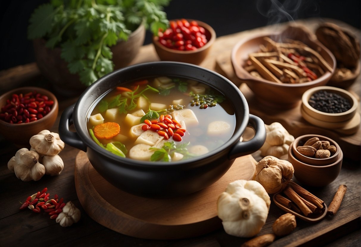 A pot of simmering Chinese herbal soup surrounded by various ingredients like ginger, goji berries, and licorice root. A recipe book titled "Cough Relief Soup" lies open next to the pot