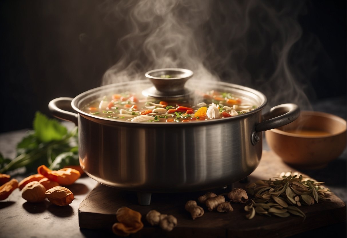 A steaming pot of Chinese herbal soup simmers on a stove, filled with ingredients like ginger, goji berries, and astragalus root, ready to soothe a cough