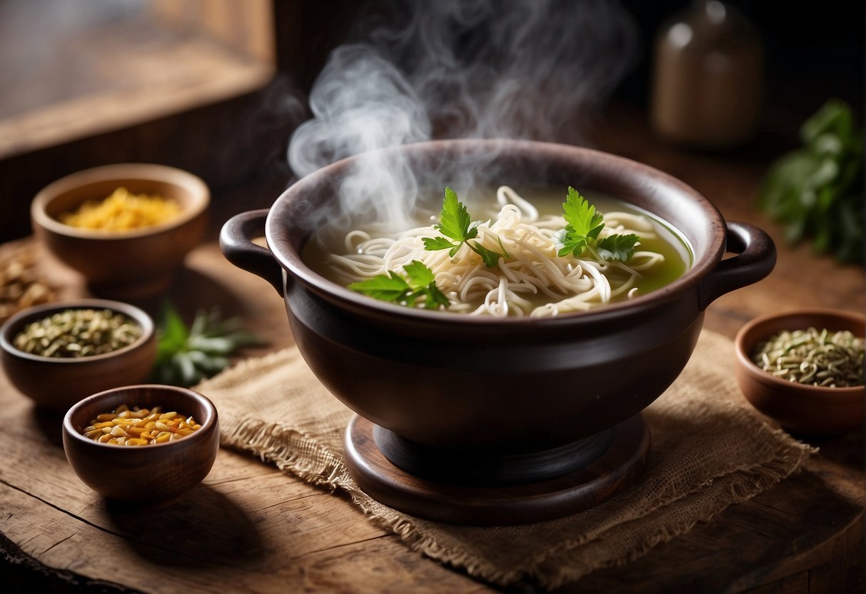 A steaming pot of Chinese herbal soup sits on a rustic wooden table, surrounded by various ingredients and a recipe book open to cough remedies