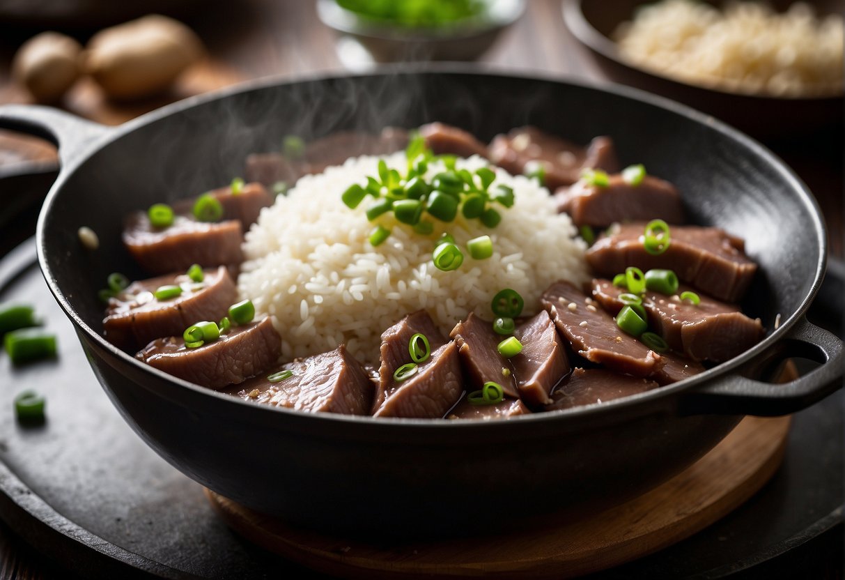 Slices of pig liver sizzling in a wok with soy sauce, ginger, and green onions. A steaming bowl of rice sits nearby