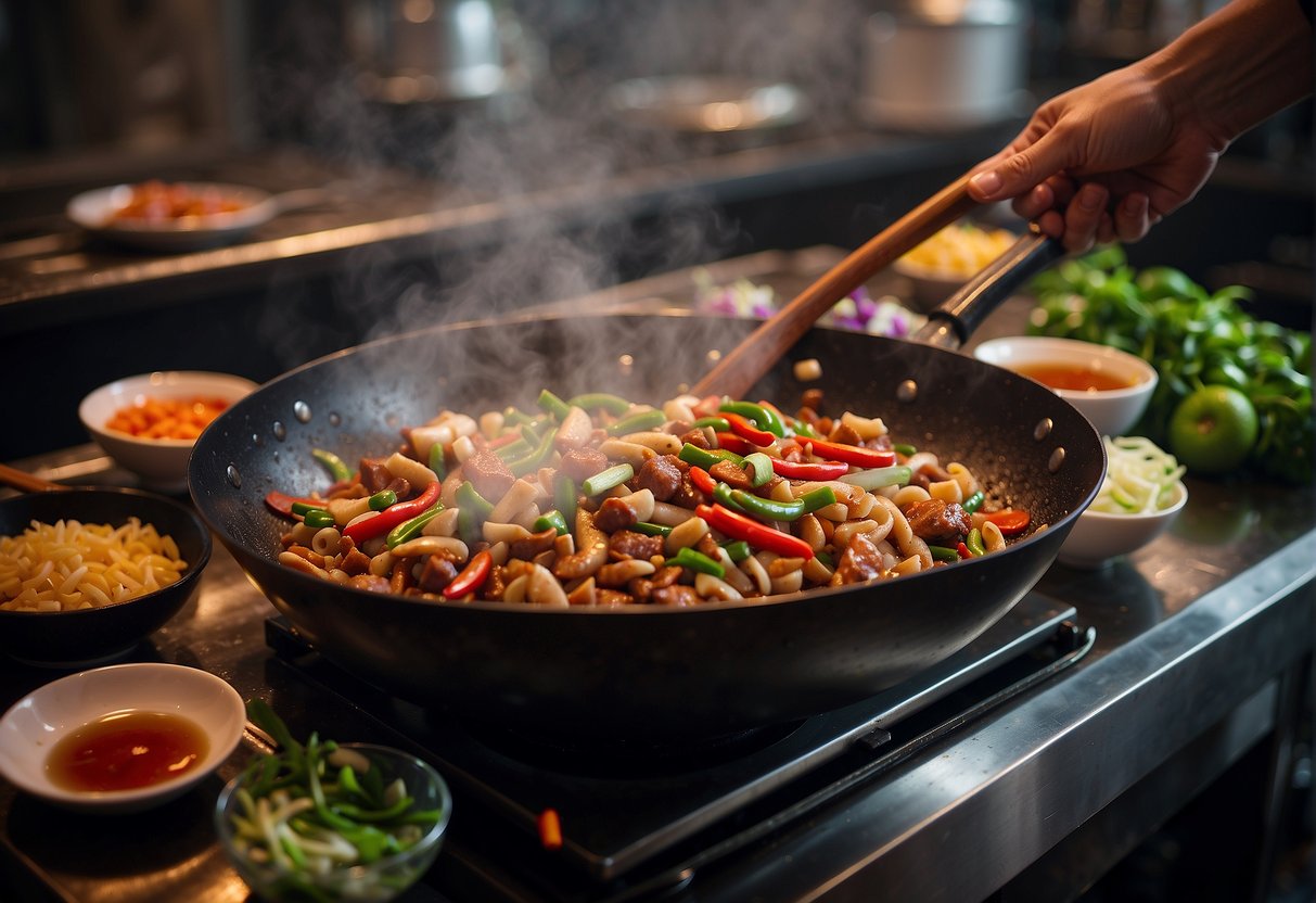 A large wok sizzles with diced pork skin, chili peppers, and garlic, as a chef tosses in soy sauce and vinegar