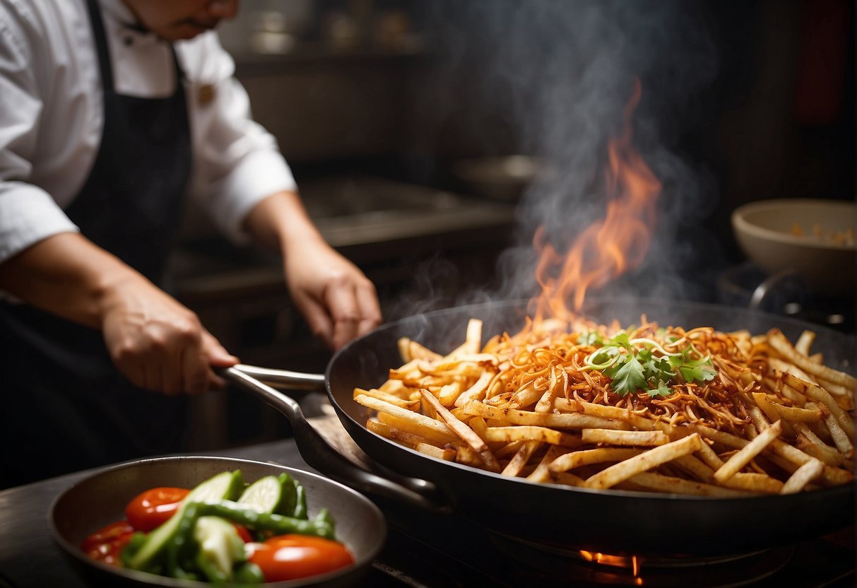 A sizzling wok fries up crispy pig skin strips, while a chef adds a savory blend of Chinese spices and sauces