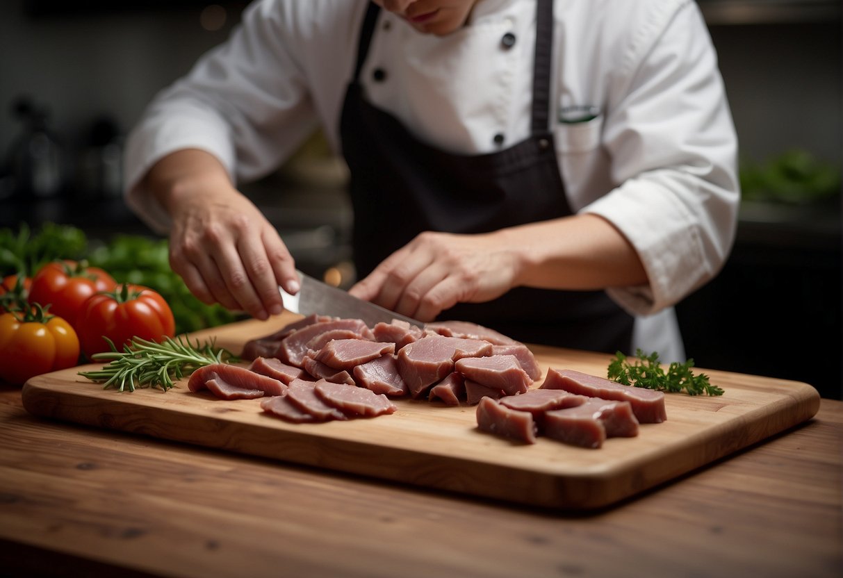 A chef selects and prepares a pig liver for a Chinese recipe. The liver is cleaned and sliced on a cutting board. Ingredients and utensils are arranged nearby