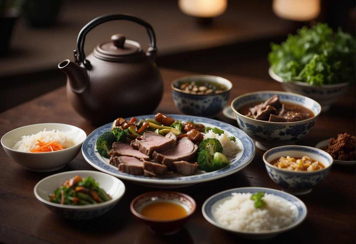 A table set with traditional Chinese dishes, including stir-fried pig liver with vegetables and steamed rice. A teapot and cups are arranged nearby for serving tea