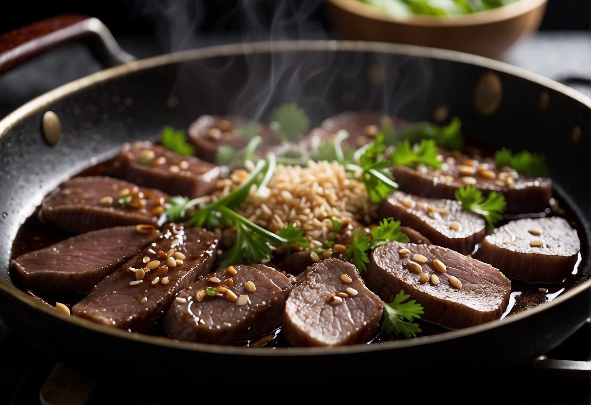 A sizzling wok cooks sliced pig liver with garlic, ginger, and soy sauce. Aromatic steam rises as the liver caramelizes to perfection