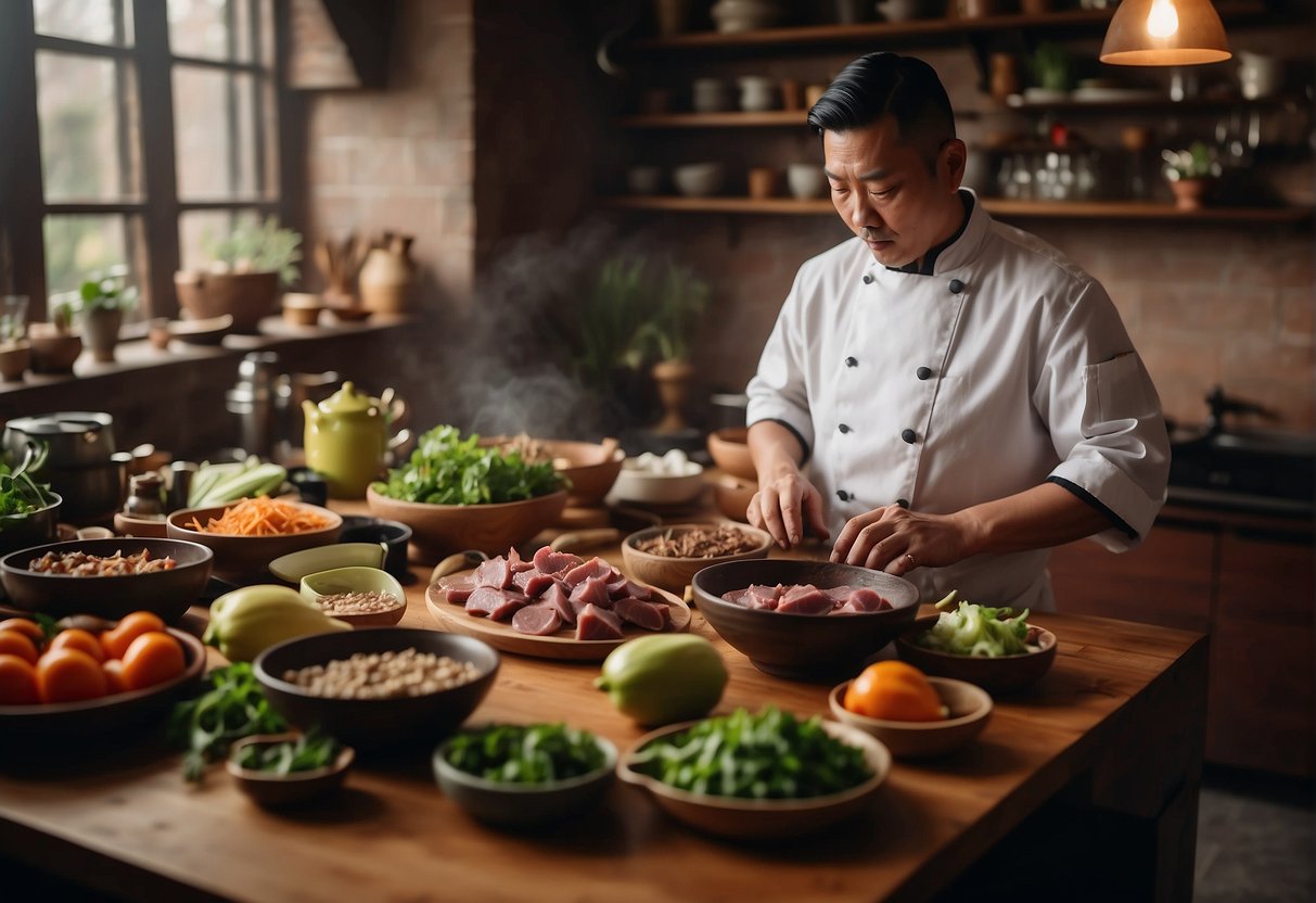 A chef prepares a traditional Chinese pig liver dish, surrounded by various ingredients and utensils on a wooden kitchen counter