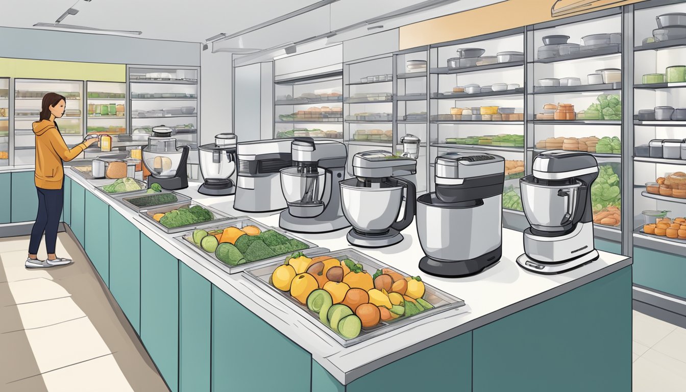A person selecting a food processor from a variety of options on display at a kitchen appliance store