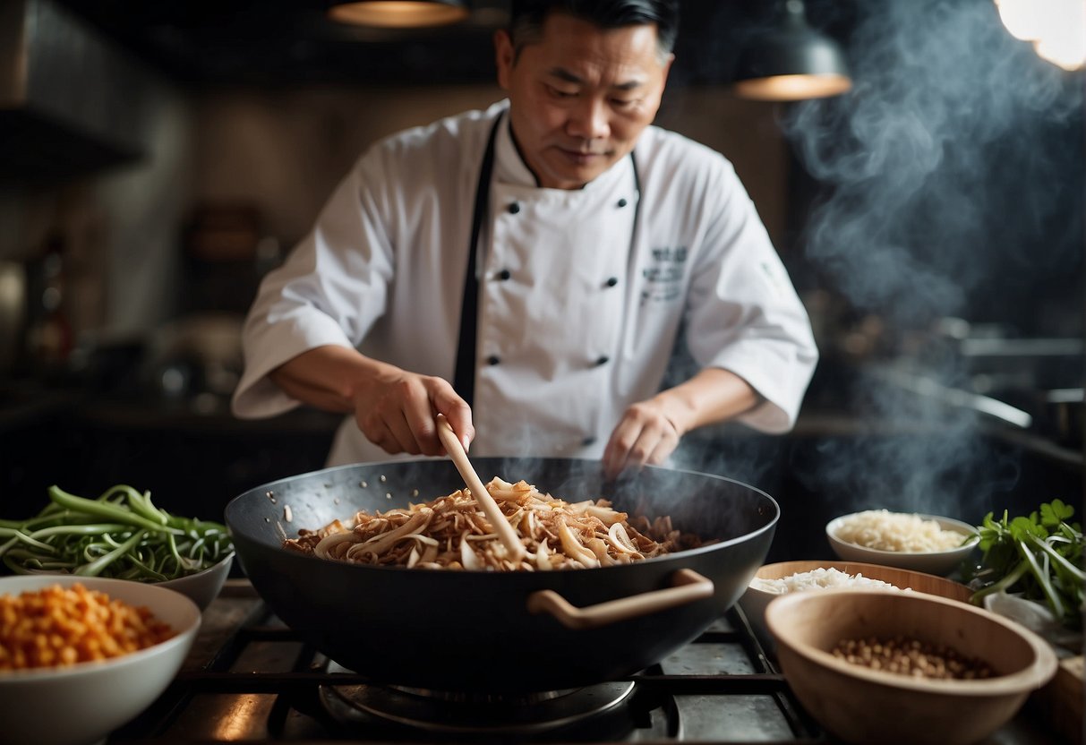 A sizzling wok cooks crispy pig skin with aromatic Chinese spices, surrounded by bowls of ginger, garlic, and soy sauce