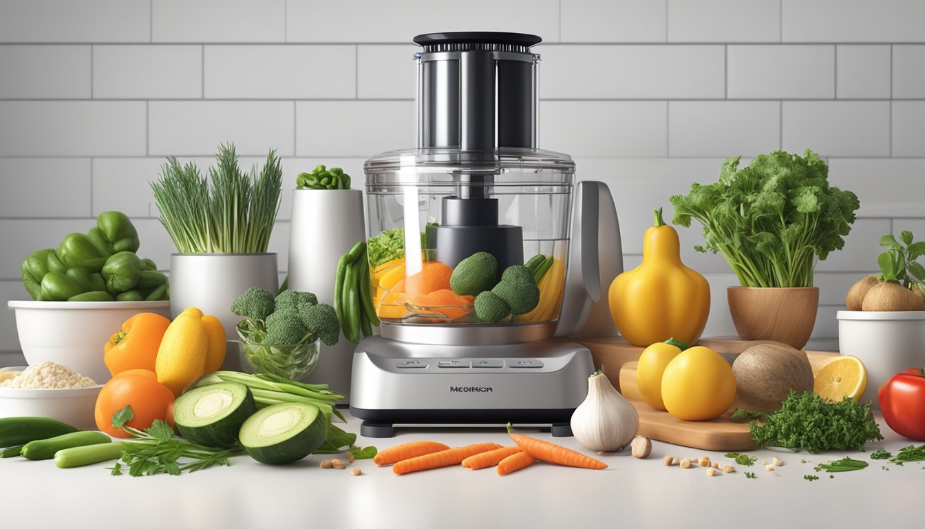 Fresh ingredients surround a sleek food processor on a clean kitchen counter. Vegetables, fruits, and herbs are neatly arranged, ready to be chopped and blended