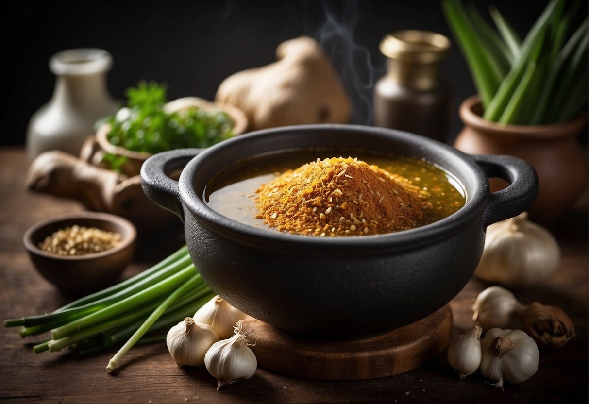 A bubbling pot of pig skin and Chinese spices, surrounded by fresh ginger, garlic, and green onions. A mortar and pestle sits nearby, filled with fragrant whole spices waiting to be ground