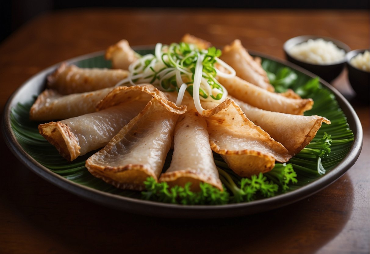 A platter of crispy pig skin, garnished with green onions and served with a side of tangy dipping sauce, sits on a traditional Chinese dining table