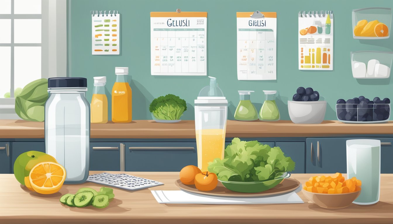 A bottle of Gelusil sits on a clean, organized countertop, surrounded by healthy foods and a glass of water. A calendar with exercise and meal plans hangs on the wall