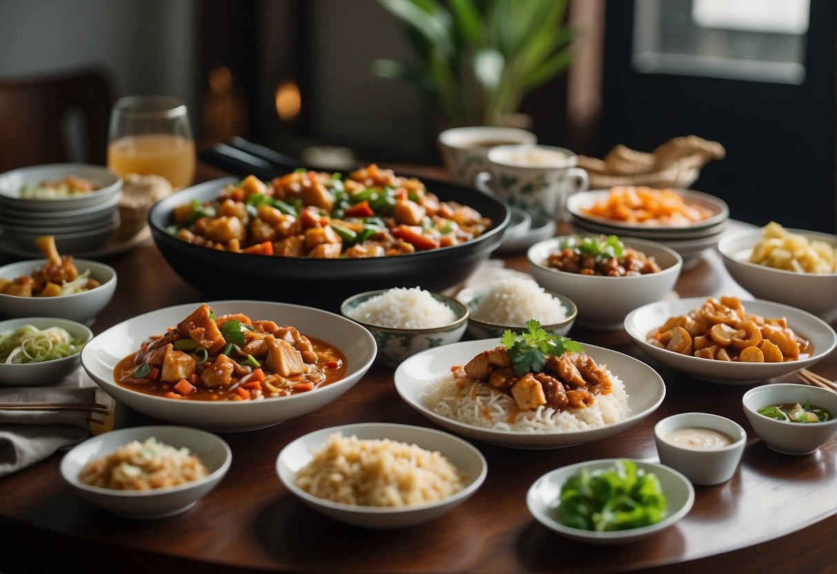 A table spread with popular Chinese home-cooked dishes and recipe books from Singapore