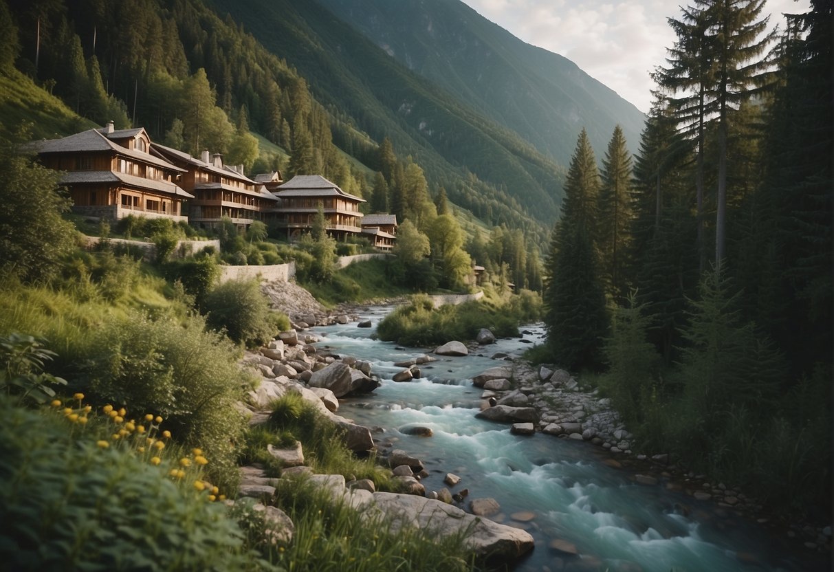 A serene mountain landscape with a sustainable hotel nestled among lush greenery and a clear, flowing stream