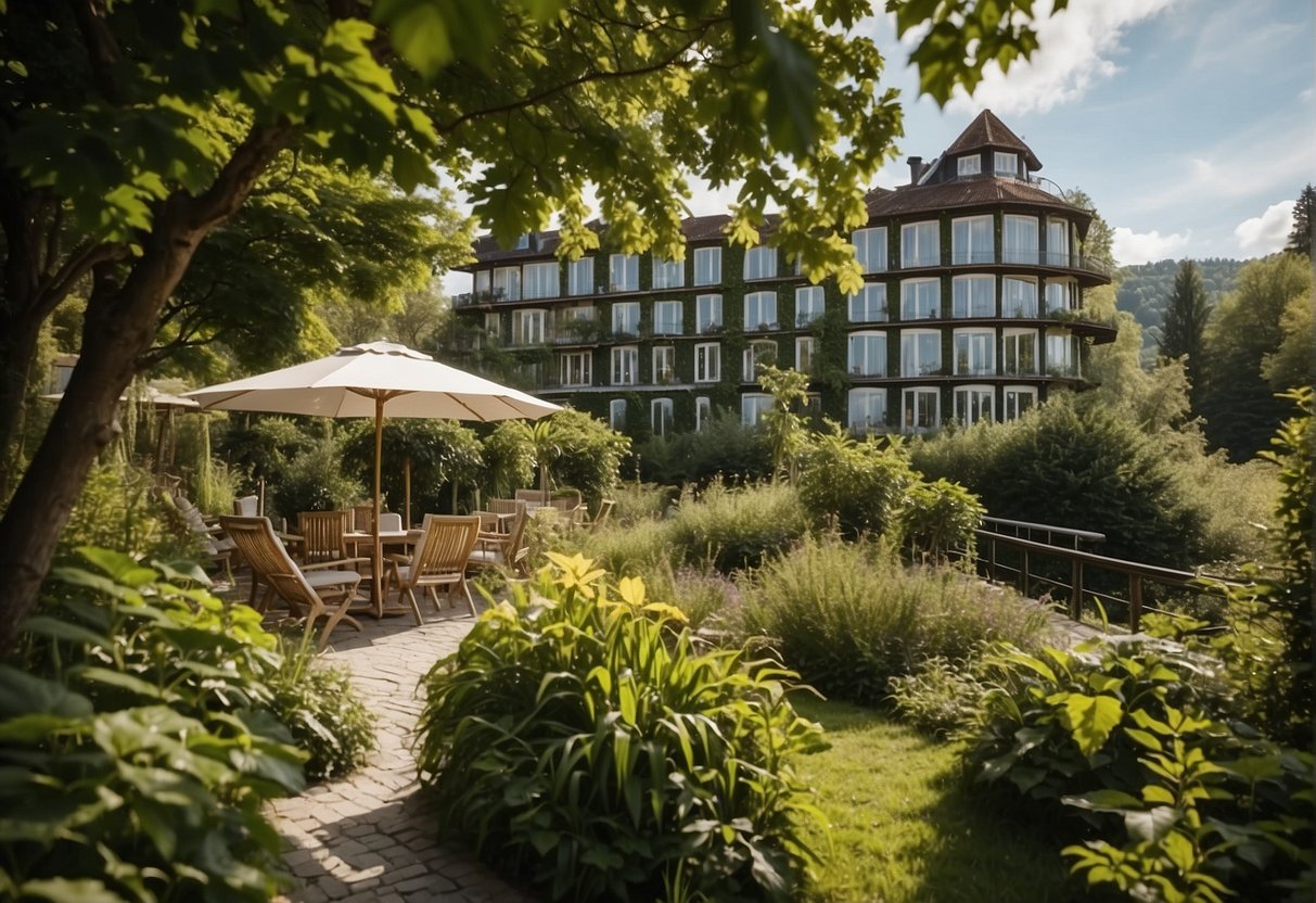 A serene view of G'sund & Natur Hotel die Wasnerin, surrounded by lush greenery, with a focus on sustainability and nature