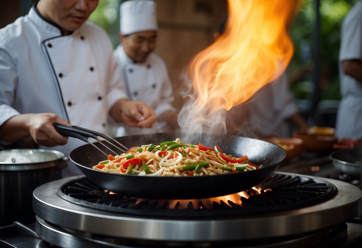 A wok sizzles over a gas flame as ingredients are stir-fried. A chef adds soy sauce and tosses the food with a spatula. Steam rises from the sizzling dish