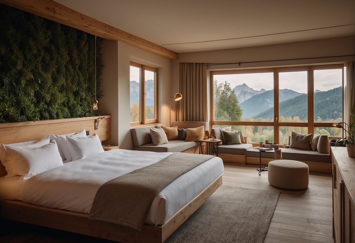 A cozy hotel room with natural decor and sustainable features at G'sund & Natur Hotel die Wasnerin